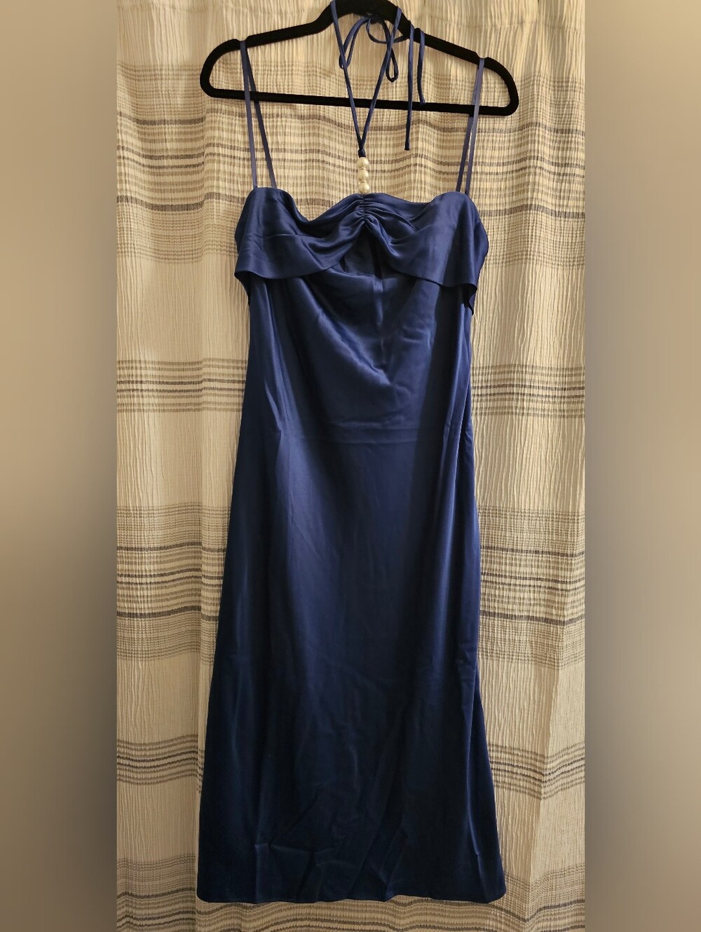 City Triangles Midnight Blue Satin Midi Dress with Halter Tie And Pearl Beads